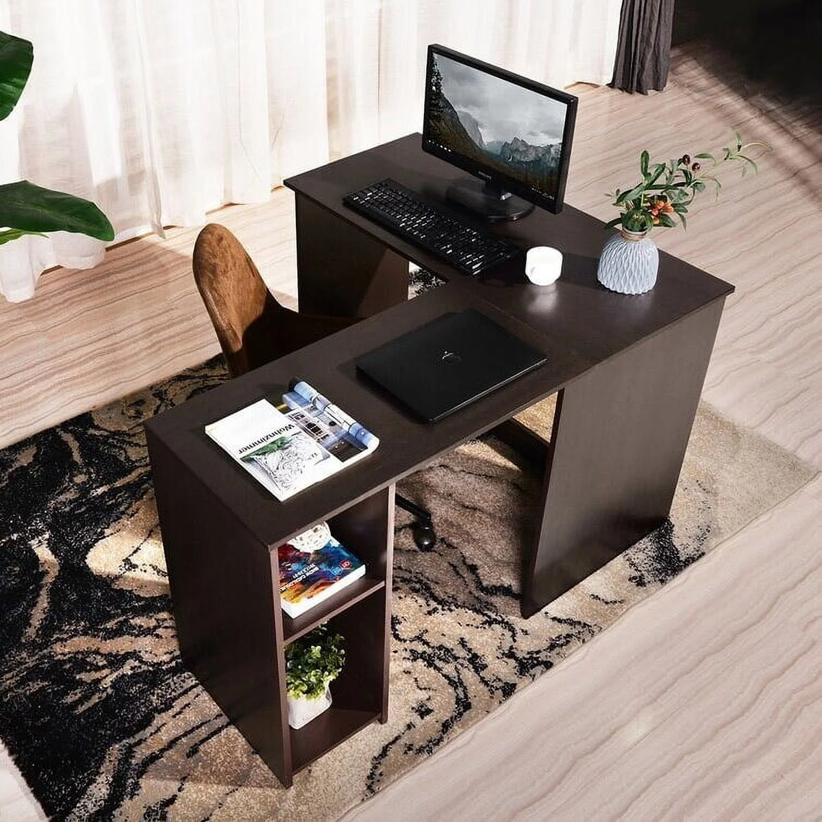 L-Shaped Corner Computer Desk with Shelves A480