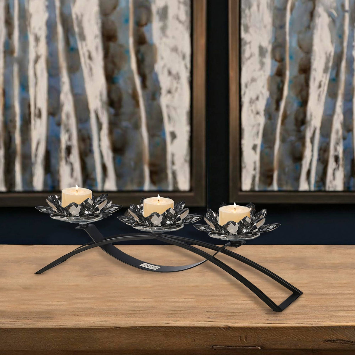 Glass Candle Holder with Metal Base Black U6592