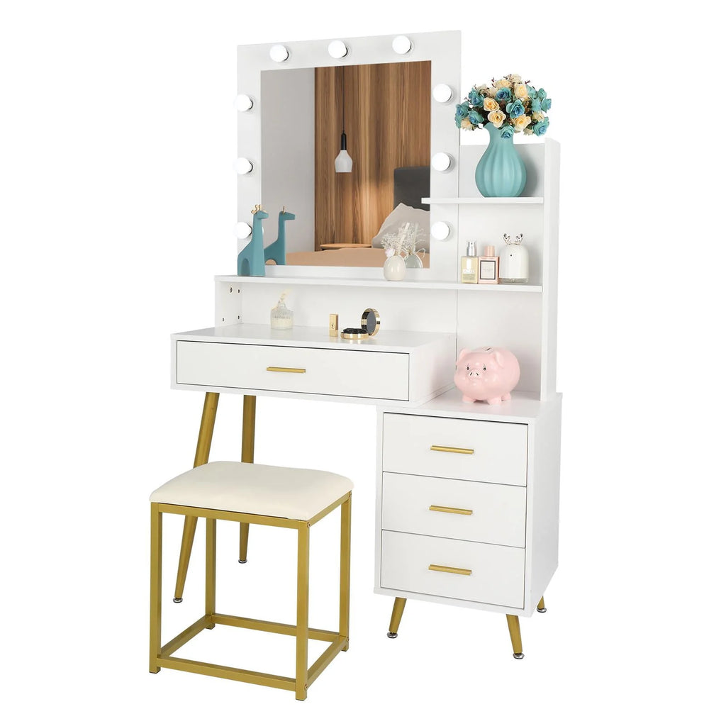 White Vanity Table Set with Lighted Mirror and 4 Drawers B2437