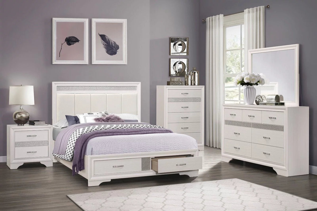 White 5pc Queen Bedroom Set with Dresser Mirror Nightstand Chest Q8028