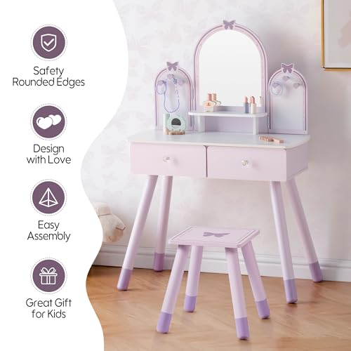 Purple Kids Vanity Set with Mirror, Chair and Storage Drawers J119