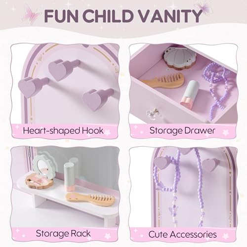 Purple Kids Vanity Set with Mirror, Chair and Storage Drawers J119