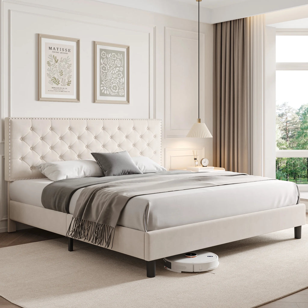 King Size Upholstered Platform Bed with Adjustable Headboard J6283