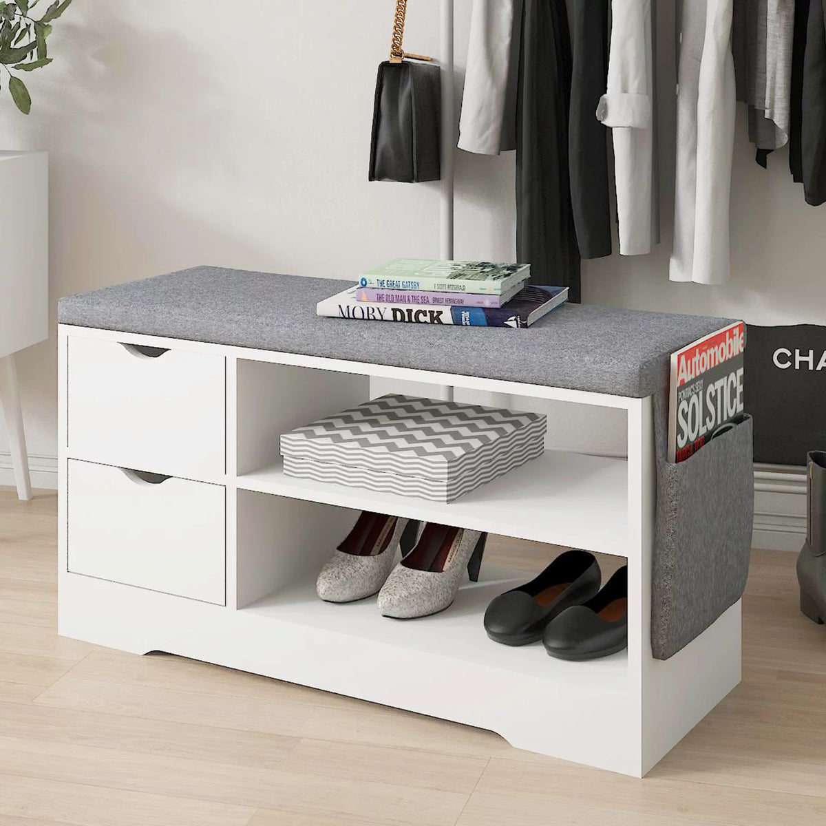 White 2-Tier Shoe Storage Bench with Drawer and Cushion W90609