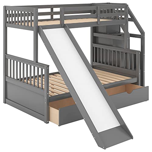 Twin over Full Wooden Bunk Bed with Storage Staircase, Drawers and Slide, Gray A5348