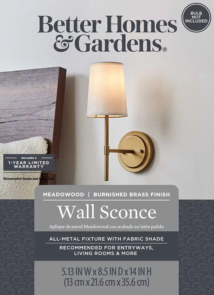 1 Light Burnished Brass Wall Sconce with White Fabric Shade N789