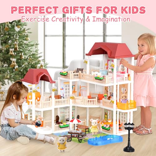 Dollhouse with 4 Doll Toy Figures, Pool Slide, Elevator, Furniture and Lights I768576