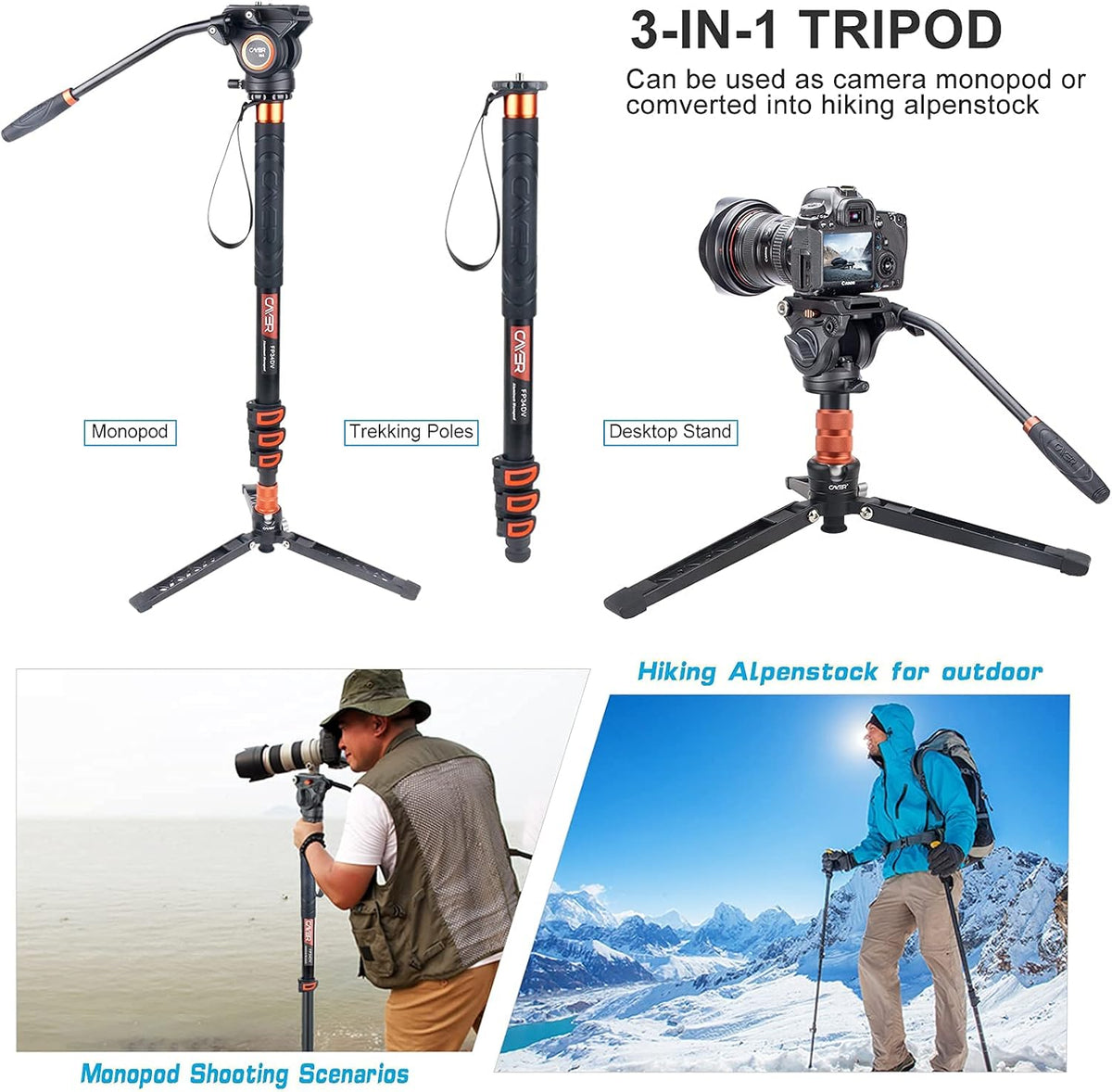 Lightweight Aluminum 71 inch Camera Monopod with Pan Tilt Fluid Head and Tripod Base C238236