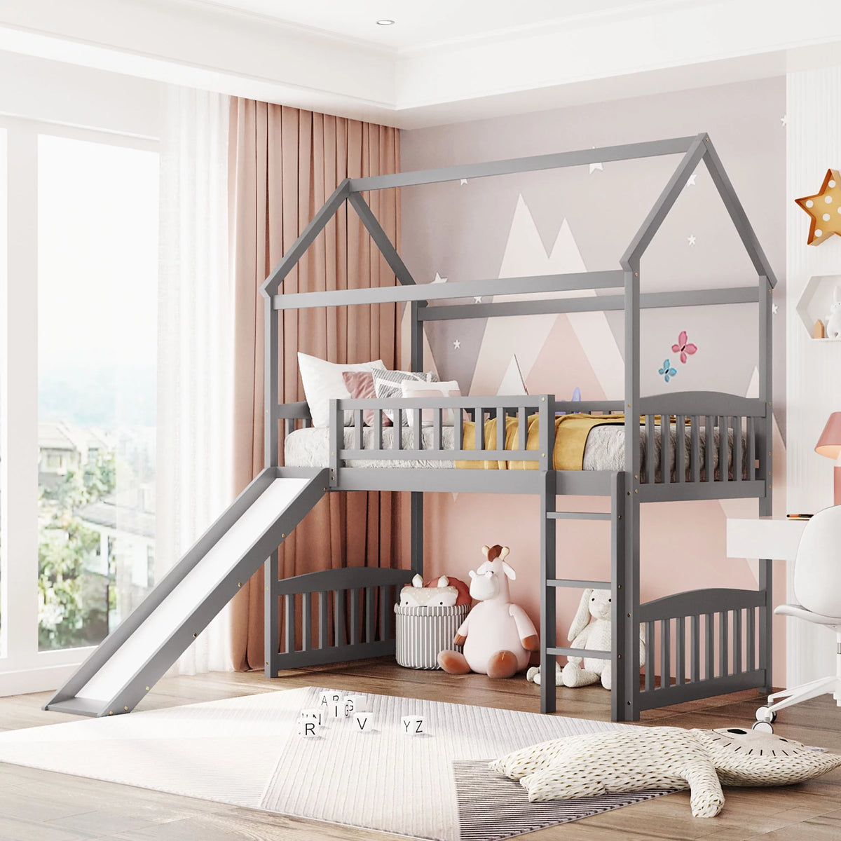 Wood Twin Loft Bed with Slide S212017