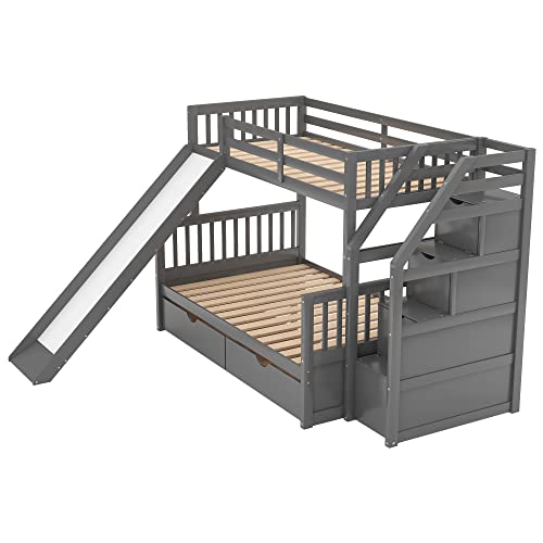 Twin over Full Wooden Bunk Bed with Storage Staircase, Drawers and Slide, Gray A5348