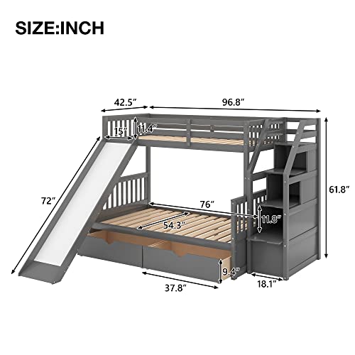 Twin over Full Wooden Bunk Bed with Storage Staircase, Drawers and Slide, Gray A5348