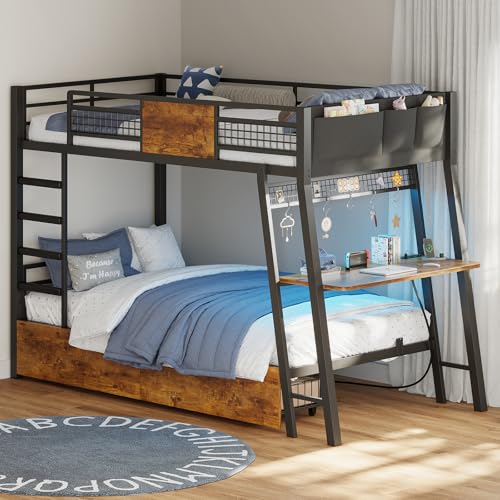 Twin Over Twin Metal Bunk Bed with Desk and Storage Drawers R971