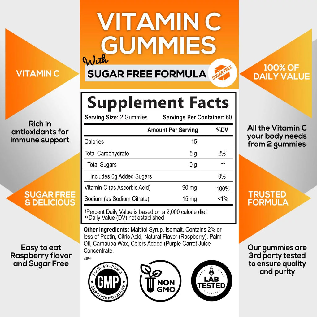 Sugar Free Vitamin C Gummies - Vegan, Non-GMO, Dairy & Gluten Free - Raspberry Flavor - 120 Count R16543