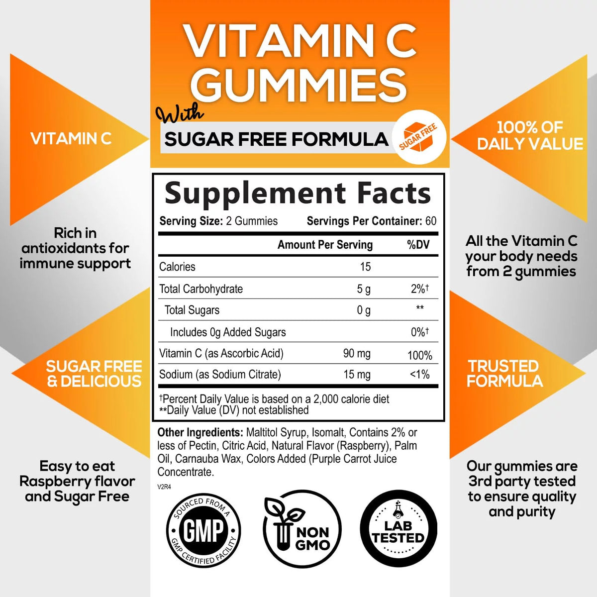 Sugar Free Vitamin C Gummies - Vegan, Non-GMO, Dairy & Gluten Free - Raspberry Flavor - 120 Count R16543