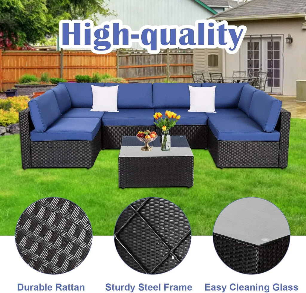 7 Pcs Patio Furniture Set Wicker Rattan Sofa I648