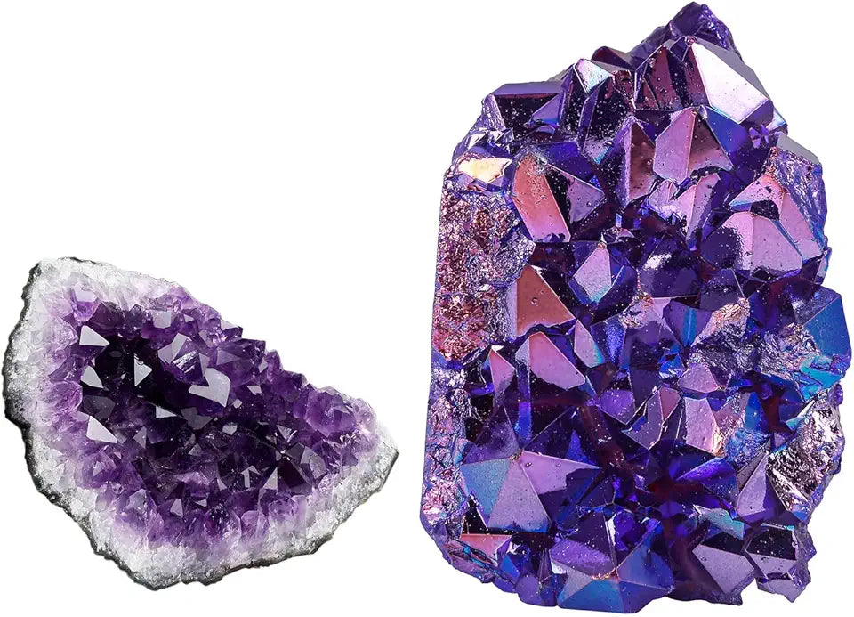 Pack of 2 Natural Amethyst Quartz Crystal Cluster & Purple Titanium Coated Rock Quartz Cluster P18956