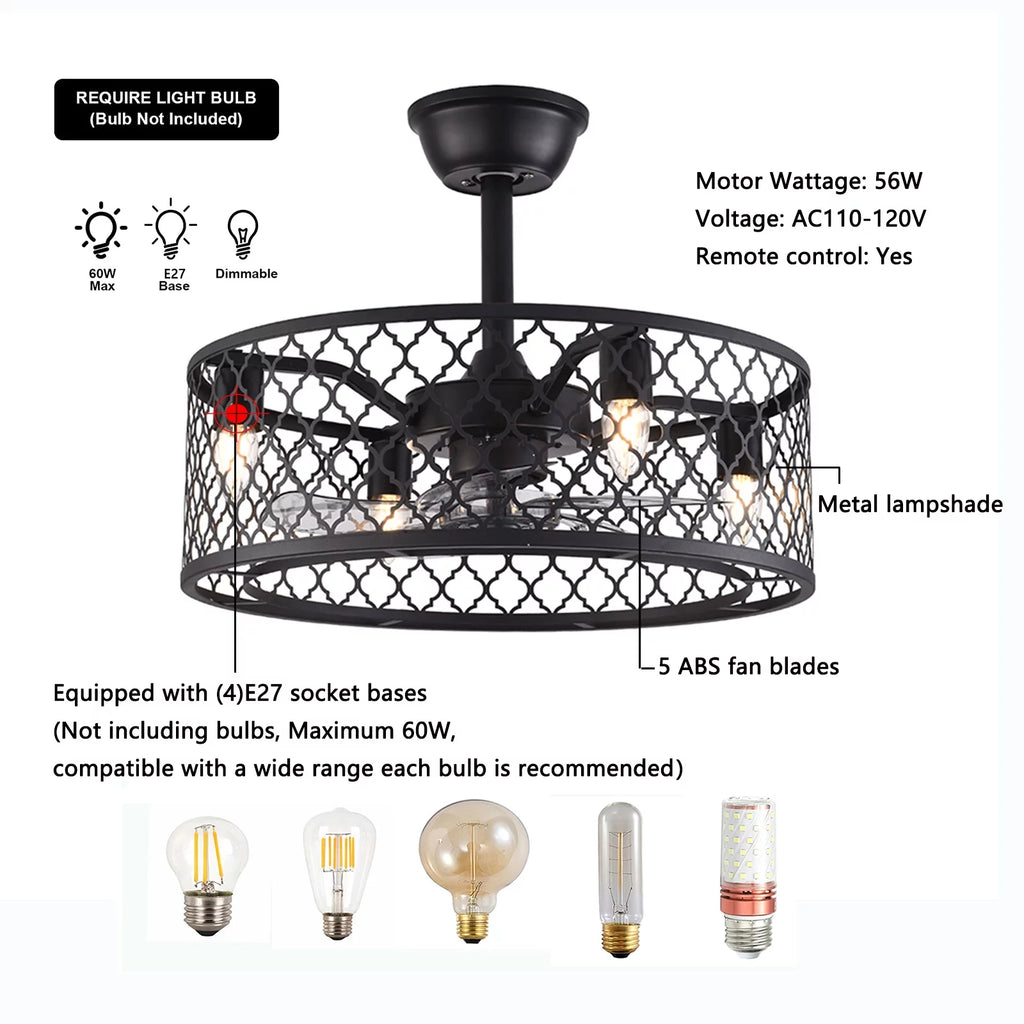 20 inch 5-Blades Caged Ceiling Fan with Light and Remote Matte Black S62669