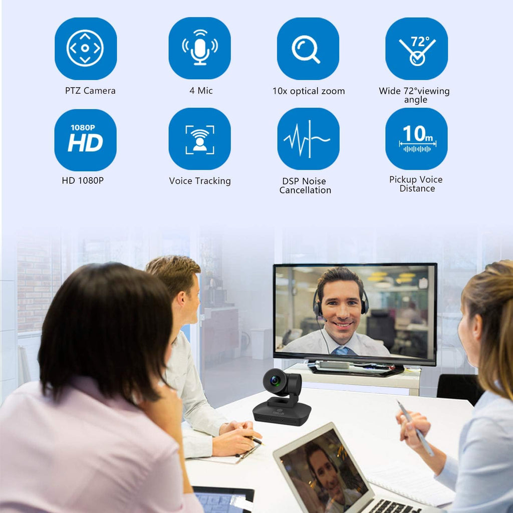 1080P PTZ Conference Room Camera with 4 Microphones Array, 10X Optical Zoom USB Webcam S67612