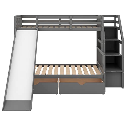 Twin over Full Wooden Bunk Bed with Storage Staircase, Drawers and Slide, Gray A5348