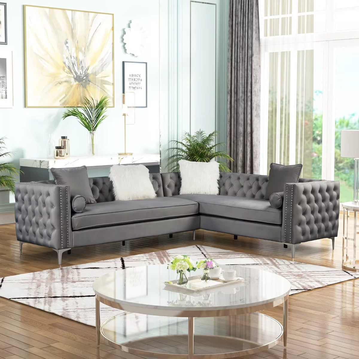 L-Shape Sectional Sofa Velvet Corner Couch Sleeper with Pillows Gray U62625