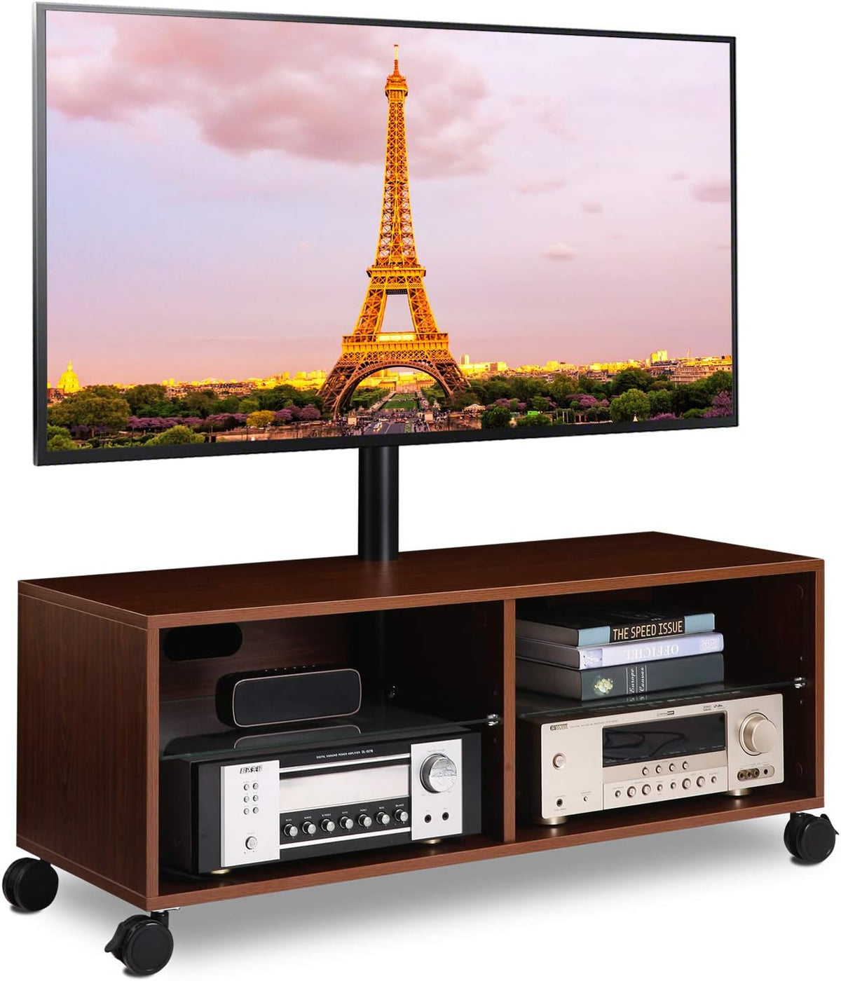 Rolling Wood TV Stand with Swivel Mount and Wheels S3099