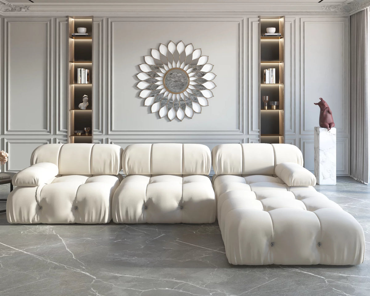 L-Shaped Velvet 3-Seat Sofa with Ottoman Y598024