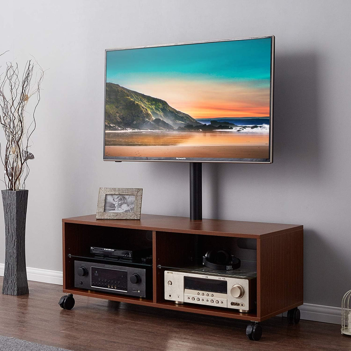 Rolling Wood TV Stand with Swivel Mount and Wheels S3099