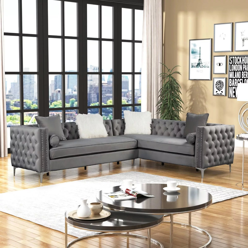 L-Shape Sectional Sofa Velvet Corner Couch Sleeper with Pillows Gray U62625