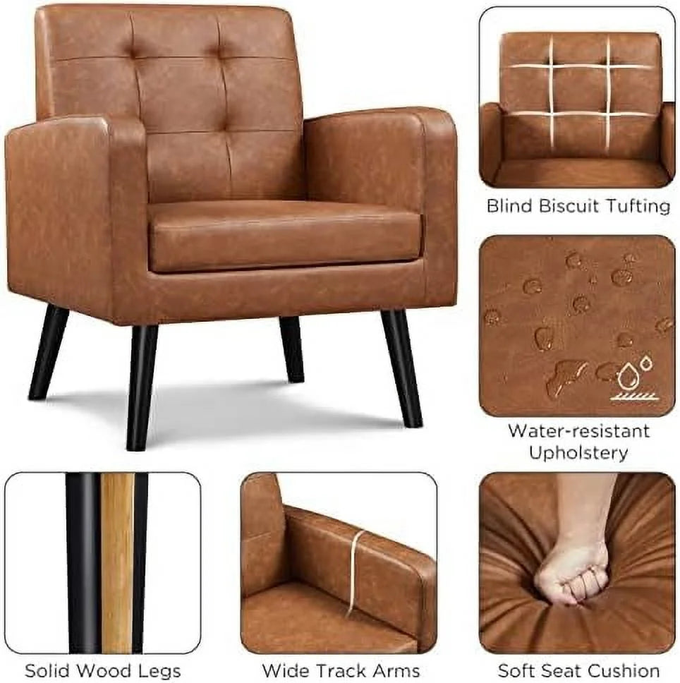 Beige PU Leather Upholstered Accent Chair with Wood Legs I287986