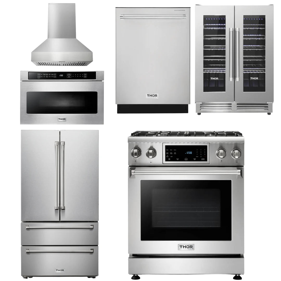 30 Gas Range, Range Hood, Microwave, Refrigerator, Dishwasher, Wine Cooler O293470