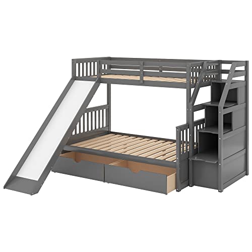 Twin over Full Wooden Bunk Bed with Storage Staircase, Drawers and Slide, Gray A5348