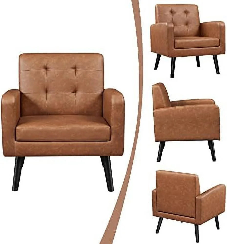 Beige PU Leather Upholstered Accent Chair with Wood Legs I287986