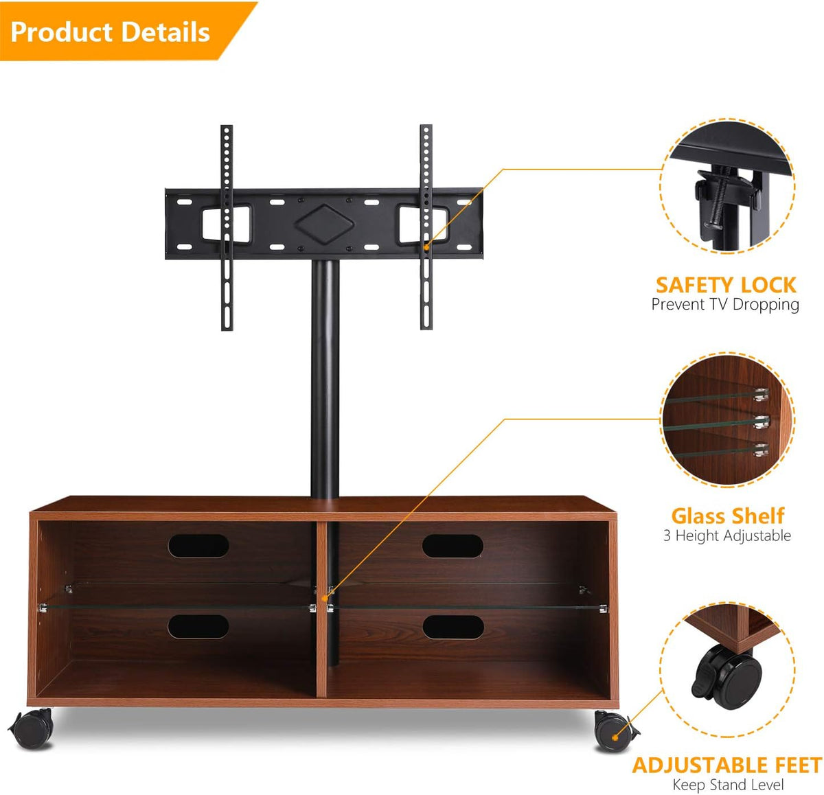 Rolling Wood TV Stand with Swivel Mount and Wheels S3099