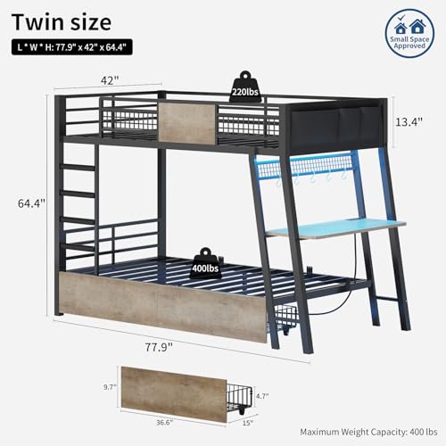 Twin Over Twin Metal Bunk Bed with Desk and Storage Drawers R971