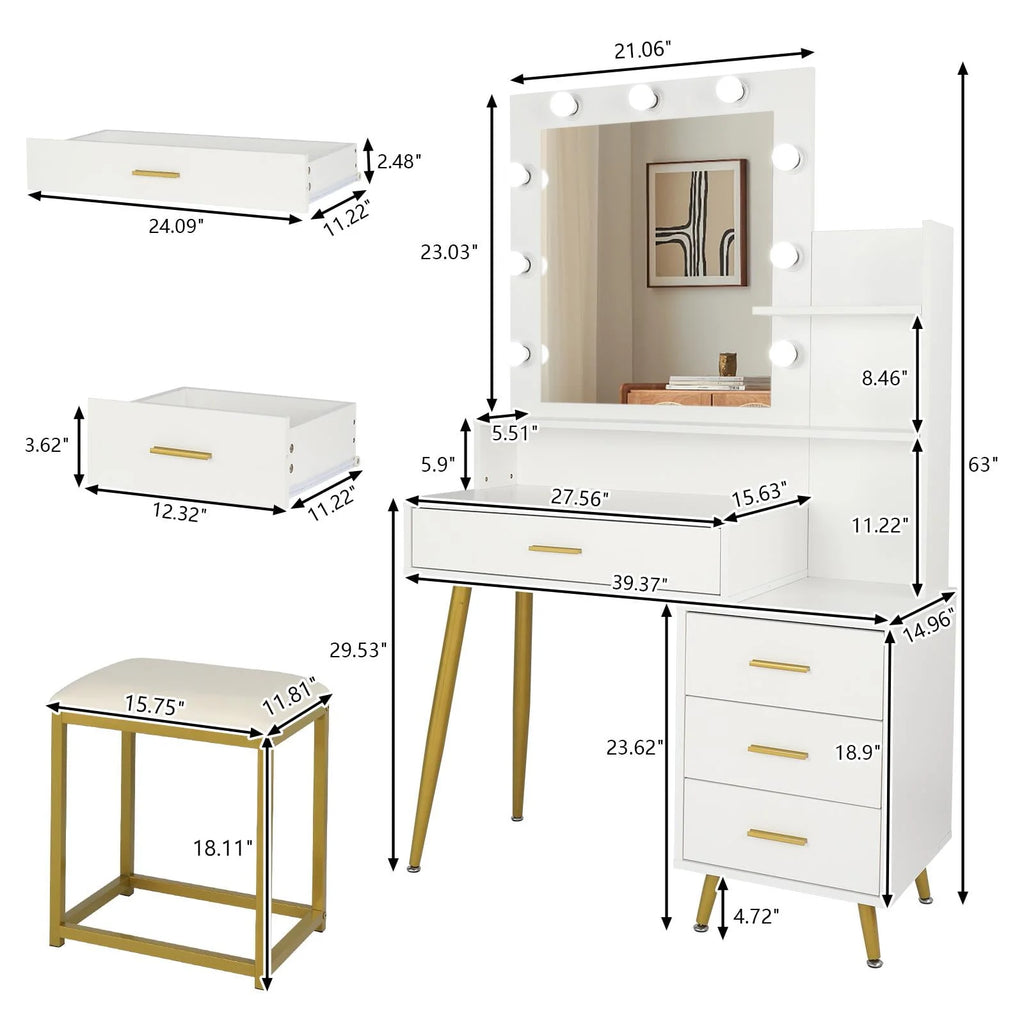 White Vanity Table Set with Lighted Mirror and 4 Drawers B2437