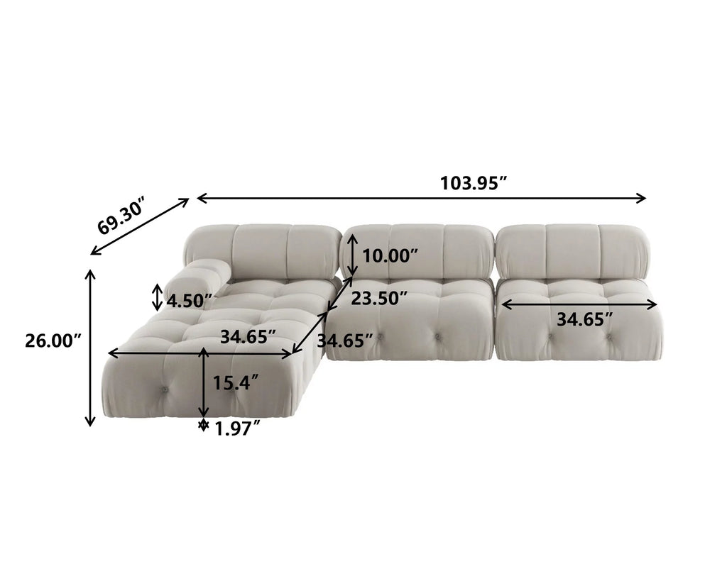 L-Shaped Velvet 3-Seat Sofa with Ottoman Y598024