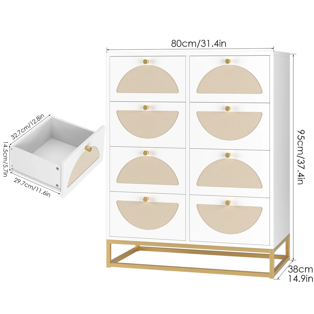 White 8 Drawer Rattan Wood Dresser G62245