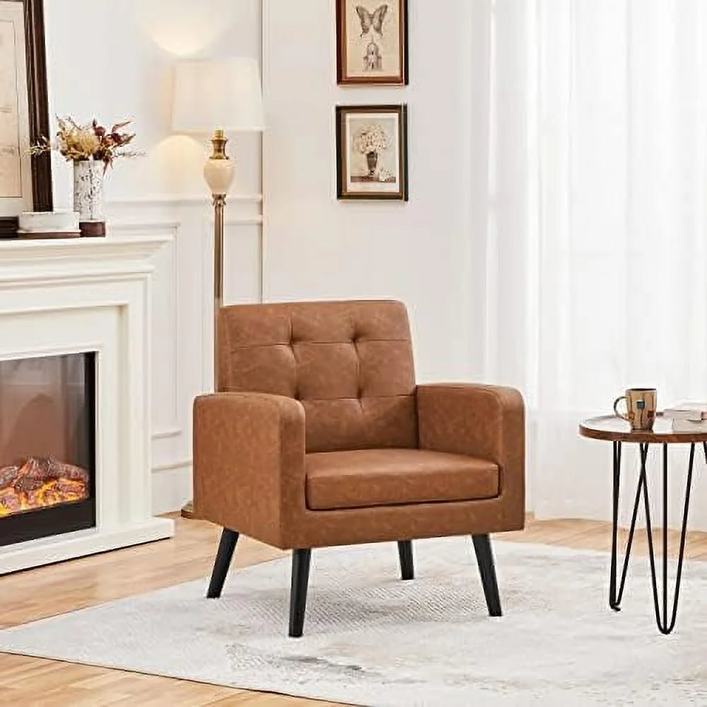Beige PU Leather Upholstered Accent Chair with Wood Legs I287986