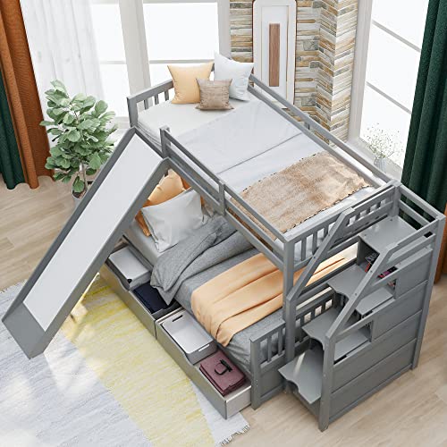 Twin over Full Wooden Bunk Bed with Storage Staircase, Drawers and Slide, Gray A5348