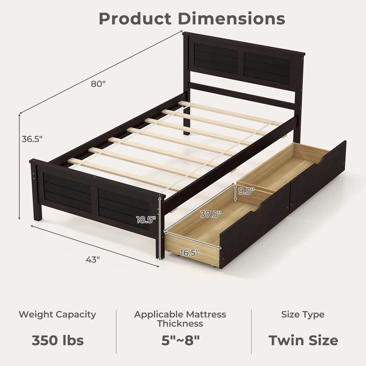 Twin Size Wooden Bed Frame with 2 Storage Drawers H113