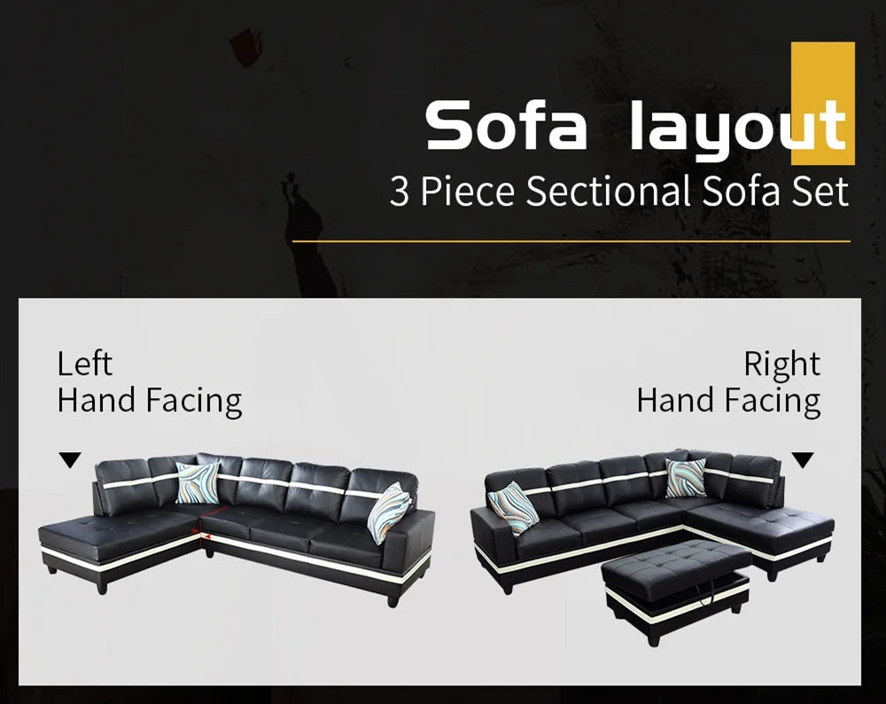 Black & White Faux Leather Sectional with Ottoman Left Hand Facing B35435