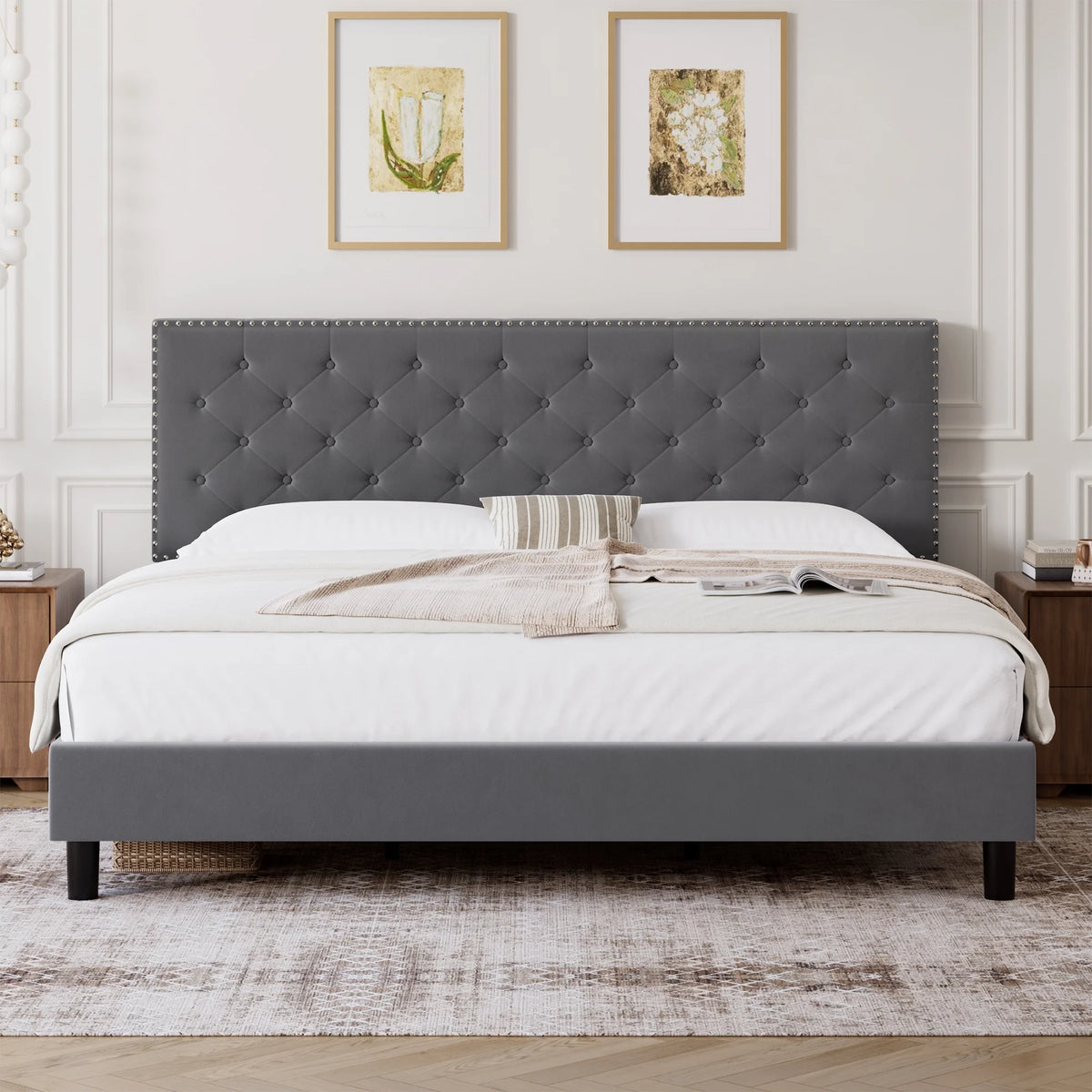 King Size Upholstered Platform Bed with Adjustable Headboard J6283