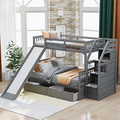 Twin over Full Wooden Bunk Bed with Storage Staircase, Drawers and Slide, Gray A5348