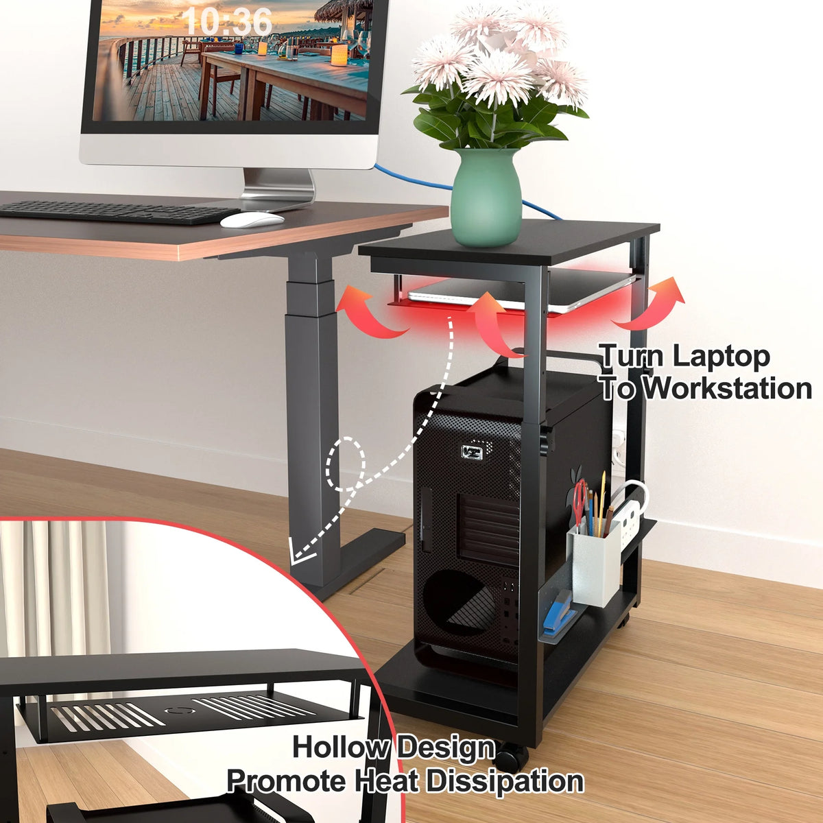 3 Tier Wooden Computer Tower Stand with Rolling Casters Q467
