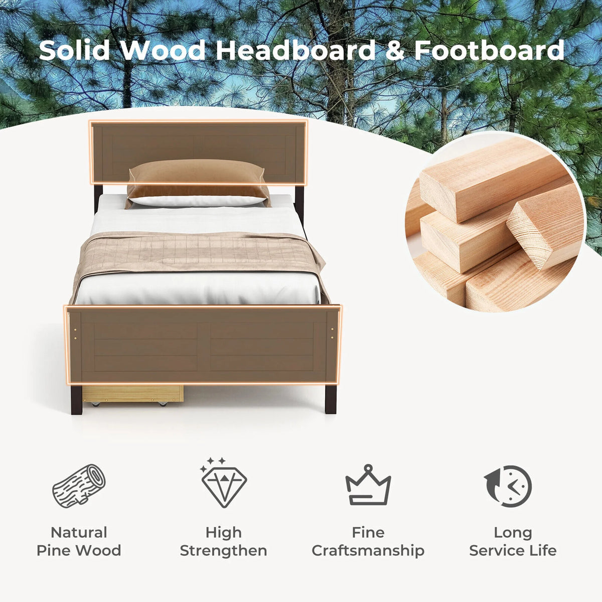 Twin Size Wooden Bed Frame with 2 Storage Drawers H113