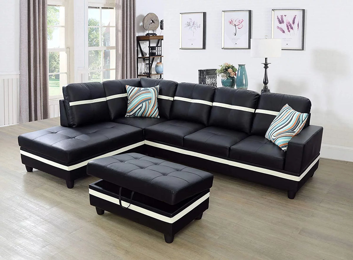 Black & White Faux Leather Sectional with Ottoman Left Hand Facing B35435