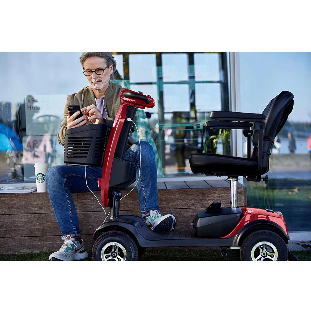 Red Mobility Scooter with Windshield B59026