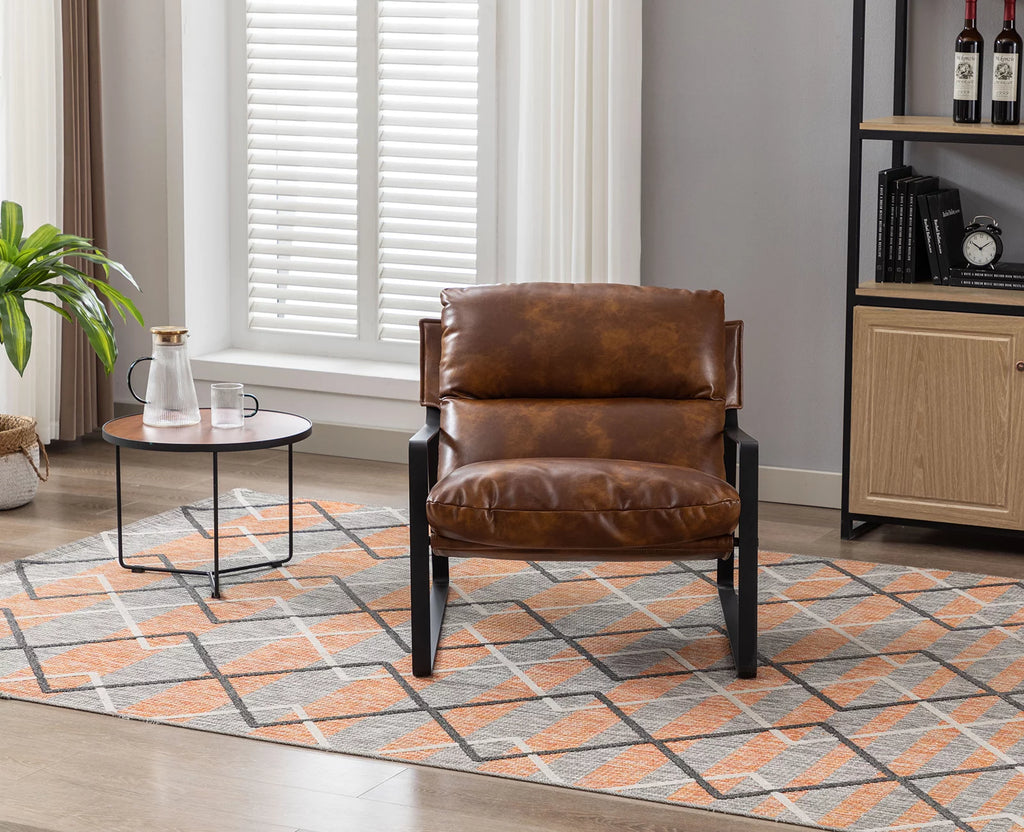 Brown Faux Leather Upholstered Accent Armchair with Metal Base C8843