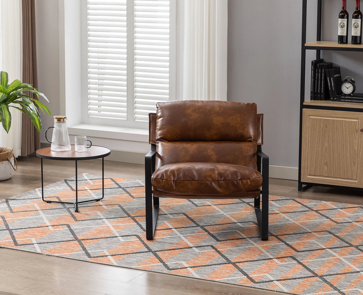 Brown Faux Leather Upholstered Accent Armchair with Metal Base C8843