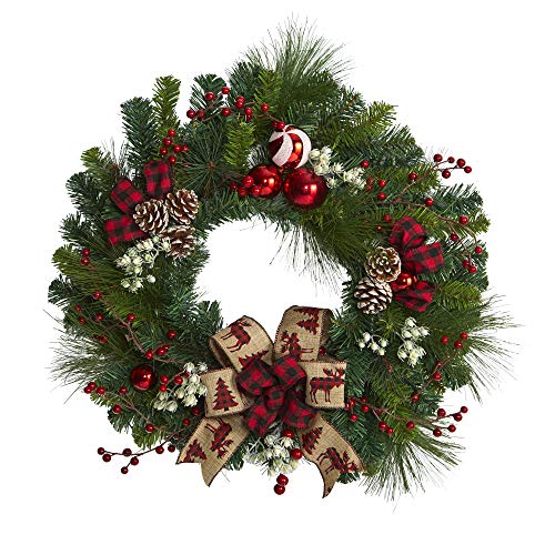 24in. Artificial Christmas Pine Wreath with Pine Cones and Ornaments M400427